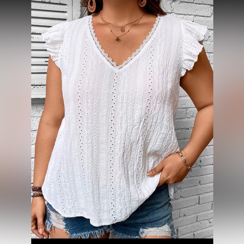 Shein Plus Eyelet Embroidery Lace Trim Top